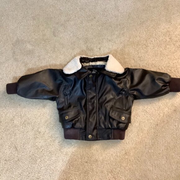 ** Infant 24 Mo Faux Leather Biker Jacket Black Removable Sherpa Collar Zip - Picture 1 of 11